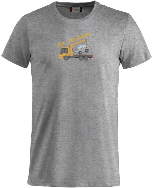 En blå t-skjorte med bilde av en redningsbil trykket på fremsiden