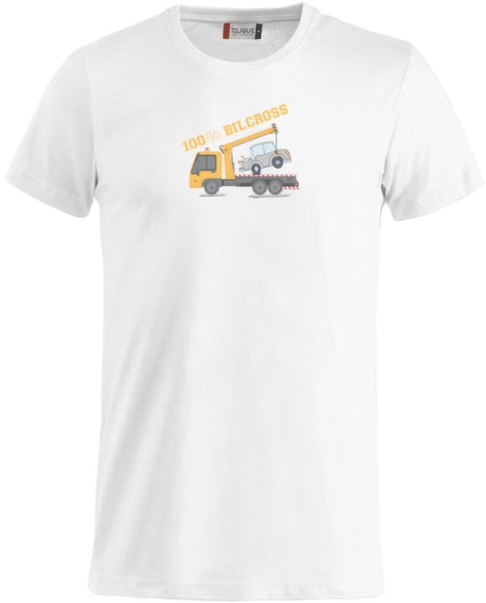 En blå t-skjorte med bilde av en redningsbil trykket på fremsiden