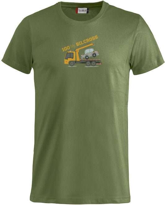 En blå t-skjorte med bilde av en redningsbil trykket på fremsiden