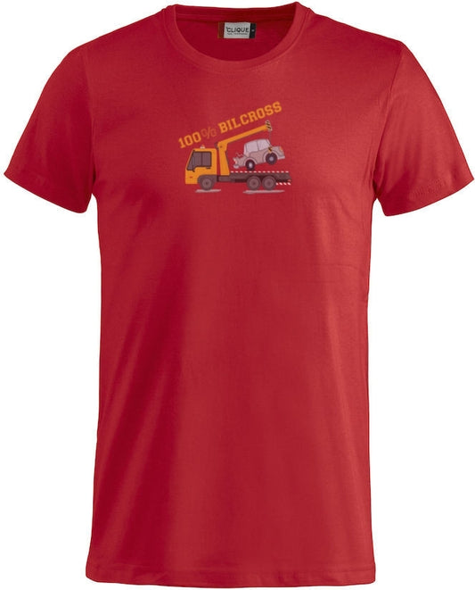 En blå t-skjorte med bilde av en redningsbil trykket på fremsiden